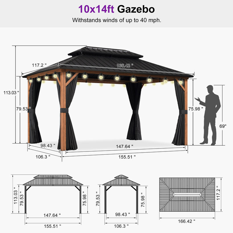 PURPLE LEAF Metal Gazebo Double Roof Wood Grain Aluminum Frame with Curtains and Netting with Lights-clear
