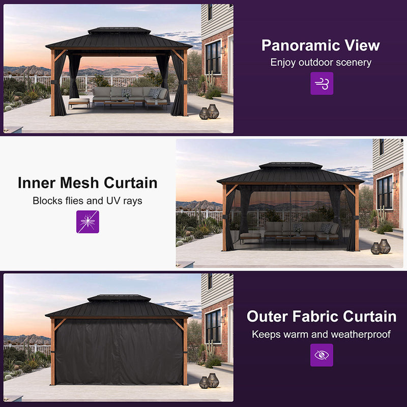 PURPLE LEAF Metal Gazebo Double Roof Wood Grain Aluminum Frame with Curtains and Netting with Lights-clear