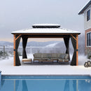 PURPLE LEAF Metal Gazebo Double Roof Wood Grain Aluminum Frame with Curtains and Netting