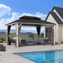 PURPLE LEAF Modern Gazebo Grey Hardtop Galvanized Steel Double Roof White Aluminum Poles with Curtains and Netting