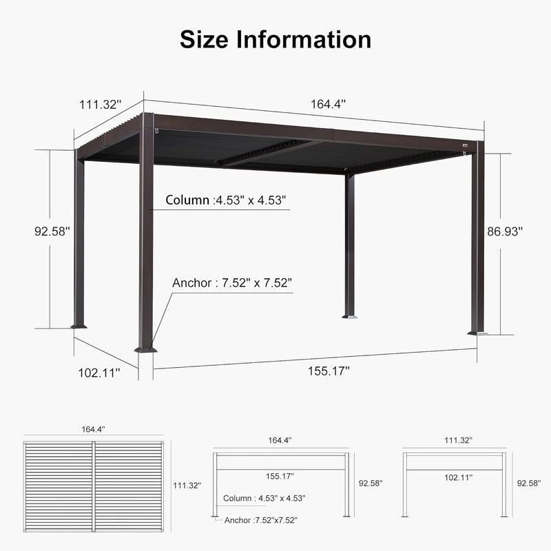 PURPLE LEAF Louvered Pergola Outdoor Adjustable Louvre Shade Modern Patio Aluminum Pergola with Retractable Roof for Deck Backyard Garden Hardtop Gazebo