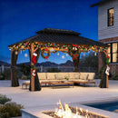 PURPLE LEAF Metal Gazebo Double Roof Wood Grain Aluminum Frame with Curtains and Netting