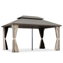 PURPLE LEAF Deck Gazebo Champagne Hardtop Metal Frame Double Roof with Curtains Netting and Reinforcement Support Rods