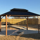 PURPLE LEAF Metal Gazebo Double Roof Wood Grain Aluminum Frame with Curtains and Netting with Lights-milky