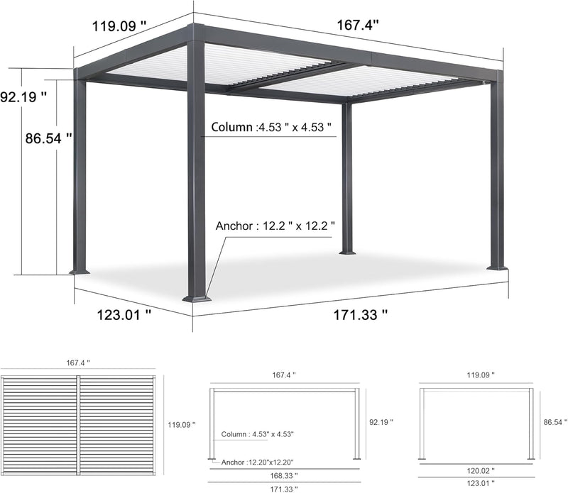 PURPLE LEAF Outdoor Louvered Pergola Patio Sun Shade Shelter with Adjustable Hardtop Patio Pergola Gray Frame White Roof