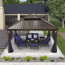 PURPLE LEAF Outdoor Hardtop Gazebo for Patio Bronze Aluminum Frame Pavilion with Navy-Blue Curtain and String Lights