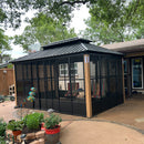 PURPLE LEAF Sunroom Hardtop Gazebo with Wood Grain Columns Black Frame Double Roof Galvanized Steel Solarium All-Weather Screen House with String Lights