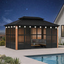 PURPLE LEAF Sunroom Hardtop Gazebo Solarium Wood Grain  Galvanized Steel Double Roof All-Weather Aluminum Outdoor Screen House with String Lights