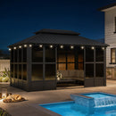 PURPLE LEAF Sunroom Hardtop Gazebo Solarium Grey Galvanized Steel Double Roof  All-Weather Aluminum Outdoor Screen House with String Lights