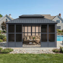 PURPLE LEAF Sunroom Hardtop Gazebo Solarium Grey Galvanized Steel Double Roof  All-Weather Aluminum Outdoor Screen House with String Lights