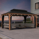 PURPLE LEAF Hardtop Gazebo for Patio Wood Grain Galvanized Steel Frame Awning with String Lights-clear