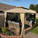 PURPLE LEAF Deck Gazebo Champagne Hardtop Metal Frame Double Roof with Curtains and Netting