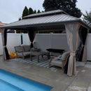 PURPLE LEAF Deck Gazebo Champagne Hardtop Metal Frame Double Roof with Curtains and Netting with Lights-clear