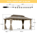 PURPLE LEAF Deck Gazebo Champagne Hardtop Metal Frame Double Roof with Curtains and Netting with Lights-clear