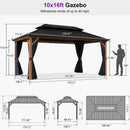 PURPLE LEAF Metal Gazebo Double Roof Wood Grain Aluminum Frame with Curtains Netting and Reinforcement Support Rods