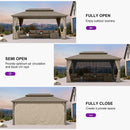 PURPLE LEAF Deck Gazebo Champagne Hardtop Metal Frame Double Roof with Curtains and Netting with Lights-milky