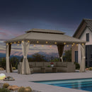 PURPLE LEAF Deck Gazebo Champagne Hardtop Metal Frame Double Roof with Curtains and Netting with Lights-clear
