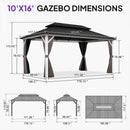 PURPLE LEAF Modern Gazebo Grey Hardtop Galvanized Steel Double Roof White Aluminum Poles with Curtains and Netting with Lights-milky