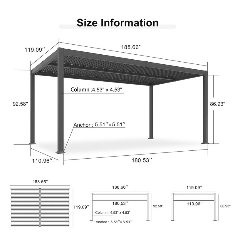 PURPLE LEAF Outdoor Louvered Pergola Patio Sun Shade Shelter with Adjustable Hardtop Patio Pergola Grey