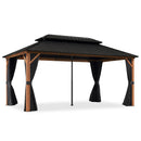 PURPLE LEAF Metal Gazebo Double Roof Wood Grain Aluminum Frame with Curtains Netting and Reinforcement Support Rods