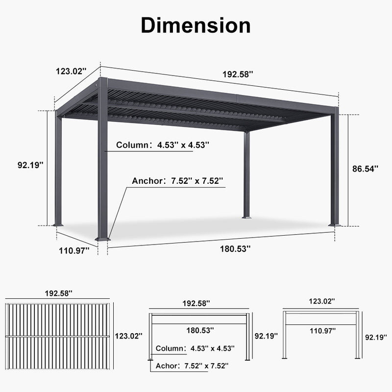 PURPLE LEAF Outdoor Louvered Pergola Patio Sun Shade Shelter with Adjustable Hardtop Patio Pergola Grey