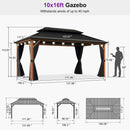 PURPLE LEAF Metal Gazebo Double Roof Wood Grain Aluminum Frame with Curtains and Netting with Lights-milky