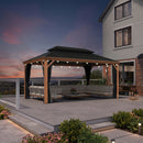 PURPLE LEAF Hardtop Gazebo for Patio Wood Grain Aluminum Frame Awning with String Lights-clear