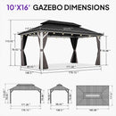 PURPLE LEAF Modern Gazebo Grey Hardtop Galvanized Steel Double Roof White Aluminum Poles with Curtains and Netting with Lights-clear