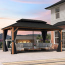 PURPLE LEAF Metal Gazebo Double Roof Wood Grain Aluminum Frame with Curtains Netting and Reinforcement Support Rods