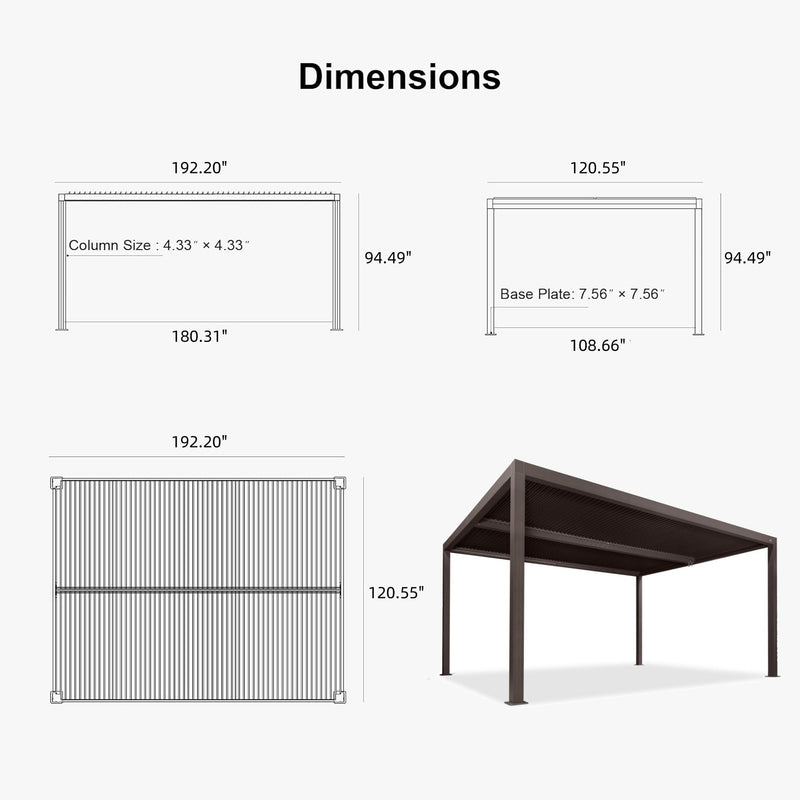 PURPLE LEAF Outdoor Louvered Pergola Adjustable Metal Roof Bronze Hardtop Gazebo Patio Pavilion