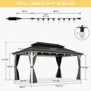 PURPLE LEAF Modern Gazebo Grey Hardtop Galvanized Steel Double Roof White Aluminum Poles with Curtains and Netting with Lights-clear