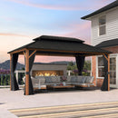 PURPLE LEAF Metal Gazebo Double Roof Wood Grain Aluminum Frame with Curtains and Netting