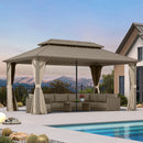 PURPLE LEAF Deck Gazebo Champagne Hardtop Metal Frame Double Roof with Curtains Netting and Reinforcement Support Rods