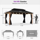 PURPLE LEAF Metal Gazebo Double Roof Wood Grain Aluminum Frame with Curtains and Netting