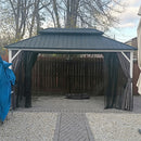 PURPLE LEAF Modern Gazebo Grey Hardtop Galvanized Steel Double Roof White Aluminum Poles with Curtains and Netting with Lights-clear