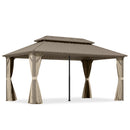 PURPLE LEAF Deck Gazebo Champagne Hardtop Metal Frame Double Roof with Curtains Netting and Reinforcement Support Rods