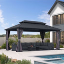 PURPLE LEAF Grey Hardtop Gazebo with Heavy Duty Galvanized Steel Double Roof with Netting and Curtains