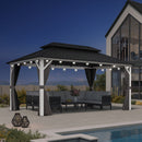 PURPLE LEAF Modern Gazebo Grey Hardtop Galvanized Steel Double Roof White Aluminum Poles with Curtains and Netting with Lights-milky