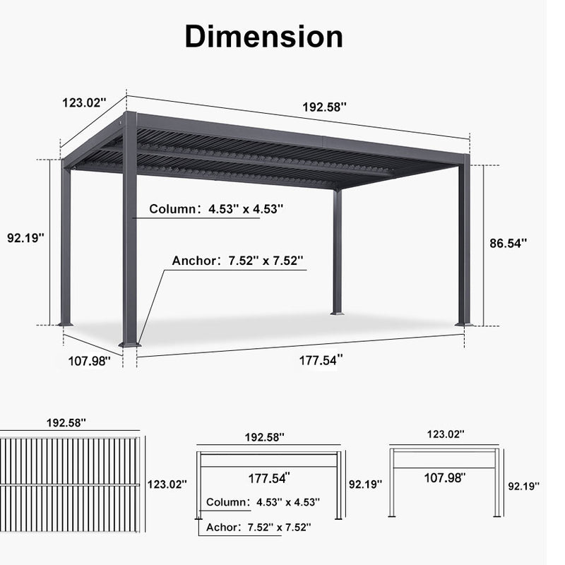 PURPLE LEAF Outdoor Louvered Pergola Patio Sun Shade Shelter with Adjustable Hardtop Patio Pergola Grey