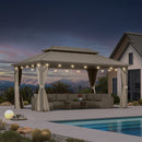 PURPLE LEAF Deck Gazebo Champagne Hardtop Metal Frame Double Roof with Curtains and Netting with Lights-milky