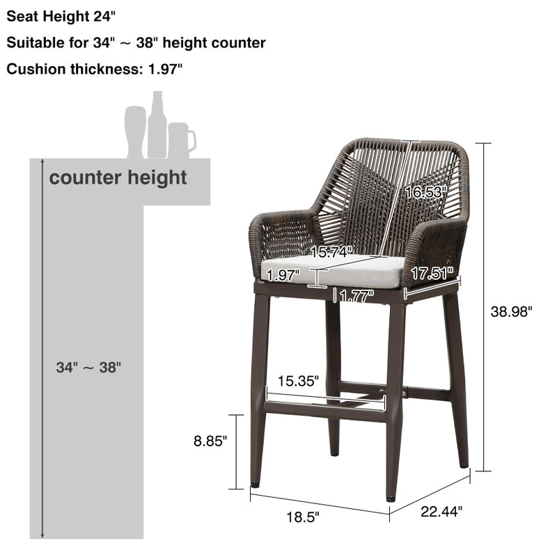 PURPLE LEAF Modern Bar Stools Set of 2, Aluminum Bar Stool with Cushion for Indoor and Outdoor, Kitchen Island