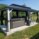 PURPLE LEAF Modern Gazebo Grey Hardtop Galvanized Steel Double Roof White Aluminum Poles with Curtains and Netting with Lights-milky