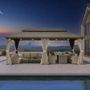 PURPLE LEAF Deck Gazebo Champagne Hardtop Metal Frame Double Roof with Curtains and Netting with Lights-clear