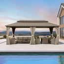 PURPLE LEAF Deck Gazebo Champagne Hardtop Metal Frame Double Roof with Curtains and Netting