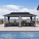 PURPLE LEAF Modern Gazebo Grey Hardtop Galvanized Steel Double Roof White Aluminum Poles with Curtains and Netting