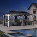 PURPLE LEAF Modern Gazebo Grey Hardtop Galvanized Steel Double Roof White Aluminum Poles with Curtains and Netting with Lights-clear