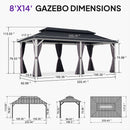 PURPLE LEAF Modern Gazebo Grey Hardtop Galvanized Steel Double Roof White Aluminum Poles with Curtains and Netting with Lights-milky