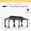 PURPLE LEAF Modern Gazebo Grey Hardtop Galvanized Steel Double Roof White Aluminum Poles with Curtains and Netting with Lights-clear