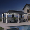 PURPLE LEAF Modern Gazebo Grey Hardtop Galvanized Steel Double Roof White Aluminum Poles with Curtains and Netting with Lights-milky