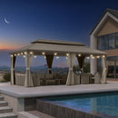 PURPLE LEAF Deck Gazebo Champagne Hardtop Metal Frame Double Roof with Curtains and Netting with Lights-milky